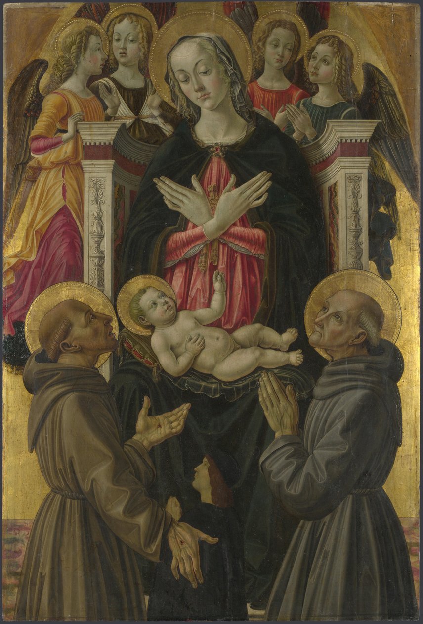 Jomfruen og barnet med hellige, engle og en donor fra altertavlen: Jomfruen og barnet med hellige, ca 1475 af Bartolomeo Caporali