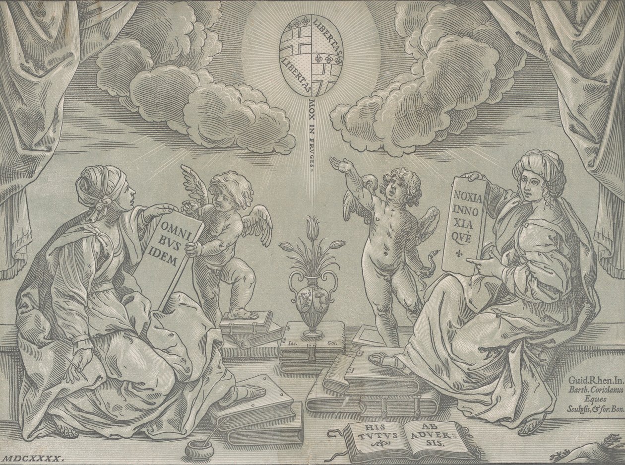 Allegori på en afhandling, to kvinder holder indskrevne tavler, 1640. af Bartolomeo Coriolano