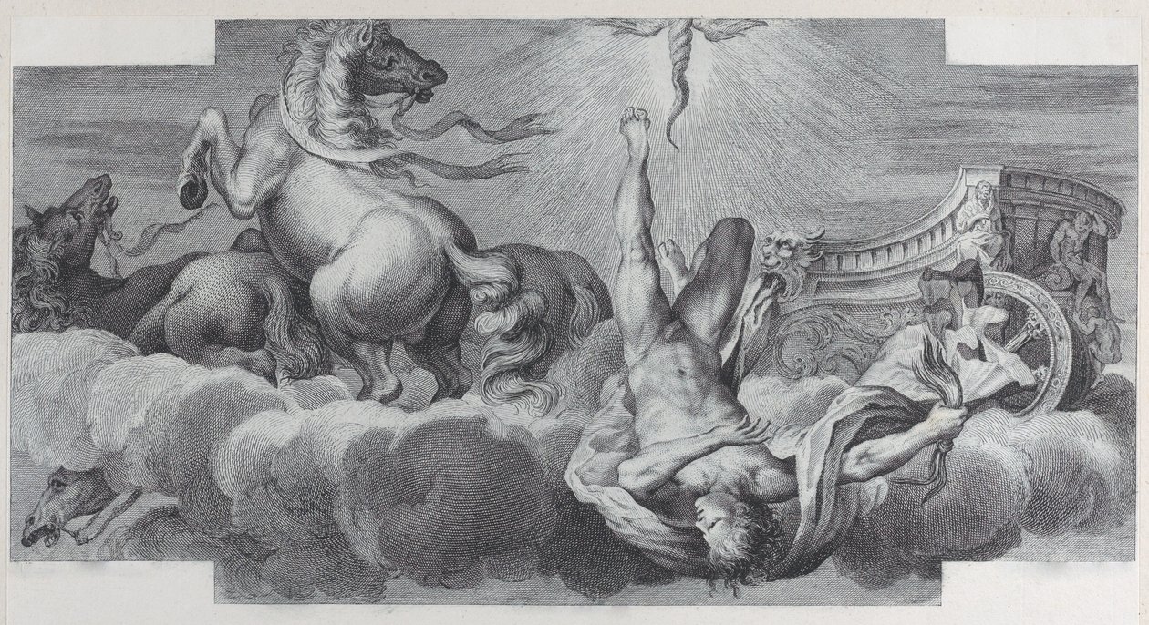 Plade 34: Auriga, vognføreren, falder fra vognen i midten, med tre heste ved l..., 1756. Skaber: Bartolomeo Crivellari, Gabriel Söderling. af Bartolomeo Crivellari, Gabriel Söderling