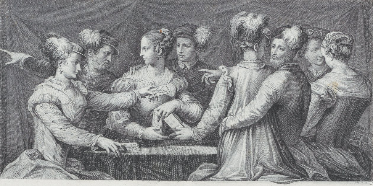 En gruppe elegant klædte mennesker, der spiller kort, 1740-68 af Bartolomeo Crivellari