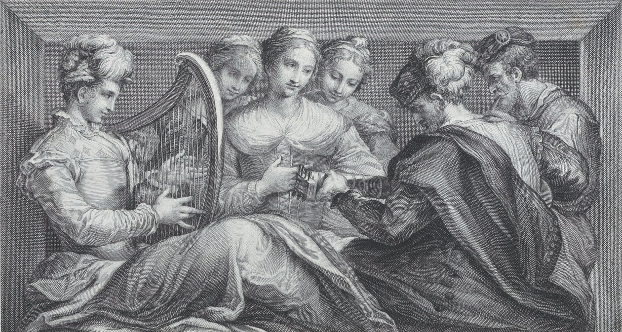 En gruppe elegant klædte mennesker, der spiller harpe og guitar, 1740-68 af Bartolomeo Crivellari