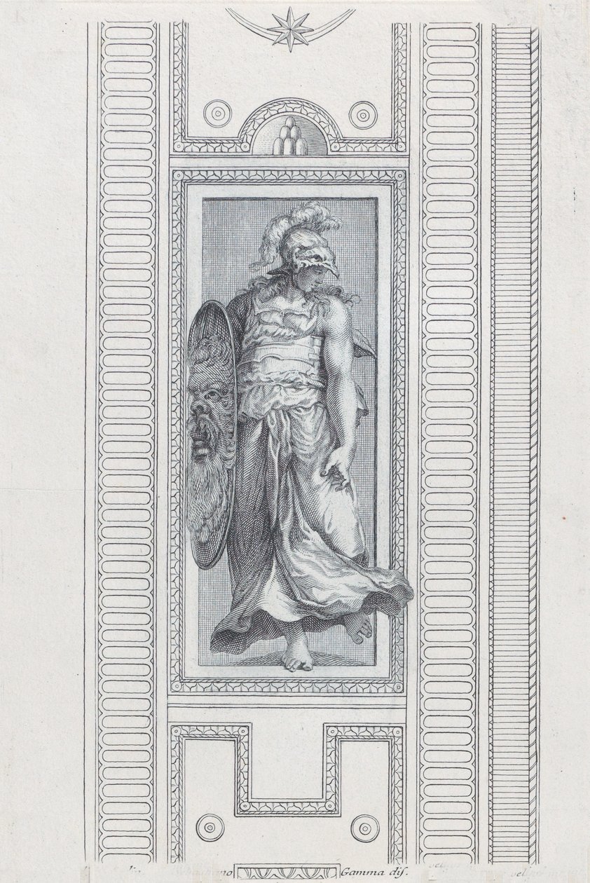 Plade 15: mytologisk figur iført hjelm og skjold, 1756 af Bartolomeo Crivellari