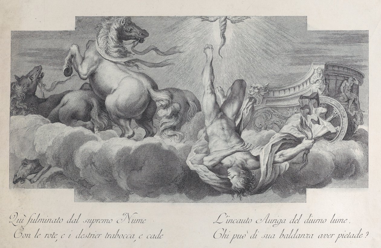 Plade 34: Auriga, vognmanden, falder fra vognen i midten med tre heste ved l..., 1756 af Bartolomeo Crivellari
