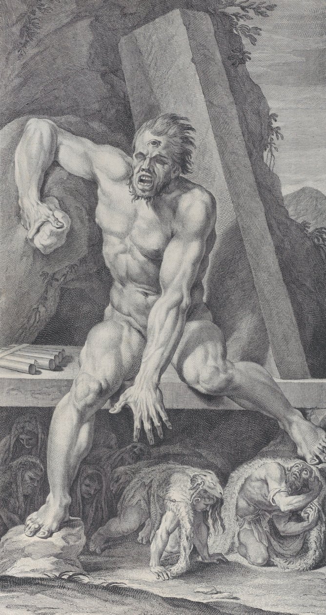 Plade 7: den blindede Polyfem, der bevogter indgangen til sin hule, med Ulysses og hans..., 1756 af Bartolomeo Crivellari