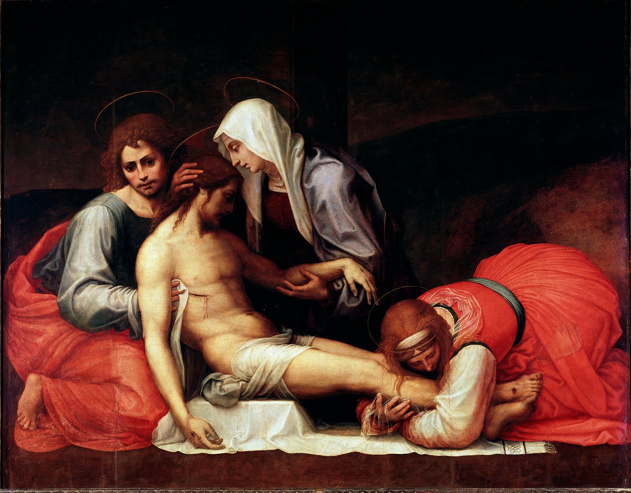 Aflejringsmaleri af Bartolomeo della Porta dit Fra Bartolomeo (1472-1517) Dim.158x199 cm Firenze, Palazzo Pitti, Galleria Palatina - Deponeringen, af Bartolomeo della Porta a.k.a. Fra Bartolomeo (1472-1517). Olie på træ af Bartolomeo Fra