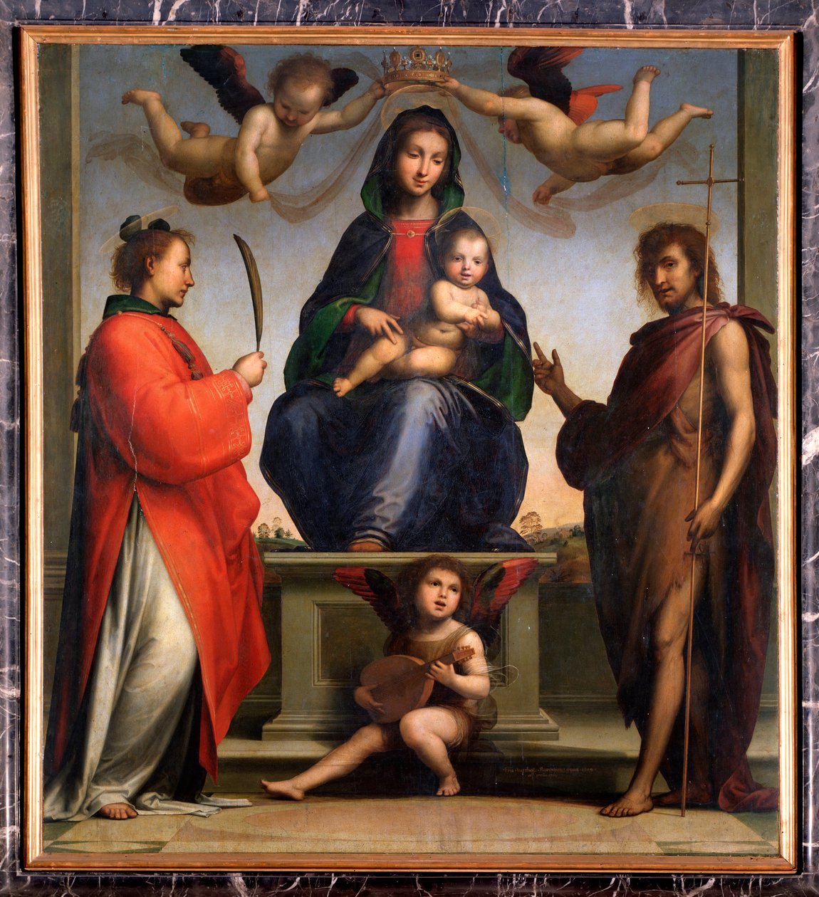 Jomfru og barn med Johannes Døberen og Stefanus (tempera og olie på lærred af Bartolomeo Fra