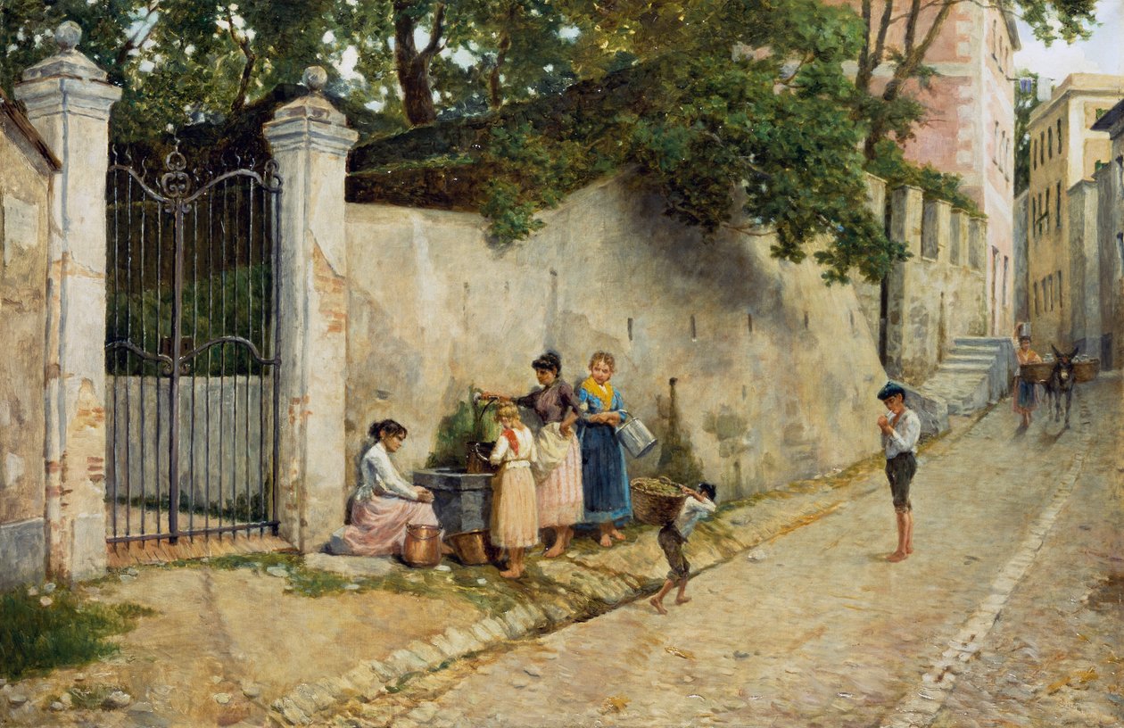 Ved springvand, af Bartolomeo Giuliano (1825-1909), olie på lærred, 64,5x100 cm af Bartolomeo Giuliano