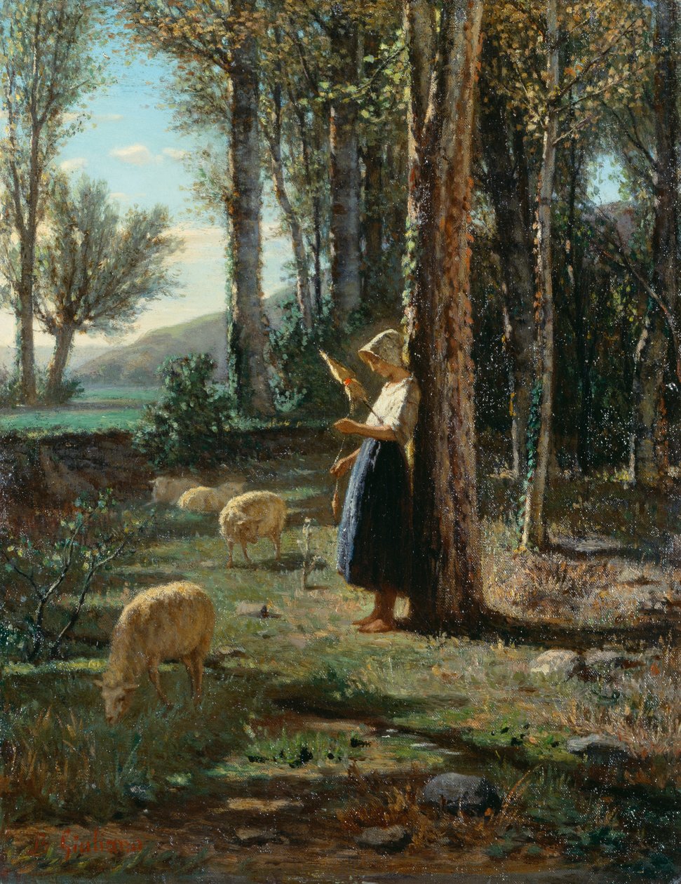 Hyrdinde med fåreflok, af Bartolomeo Giuliano (1825-1909), olie på lærred, 35x27 cm af Bartolomeo Giuliano