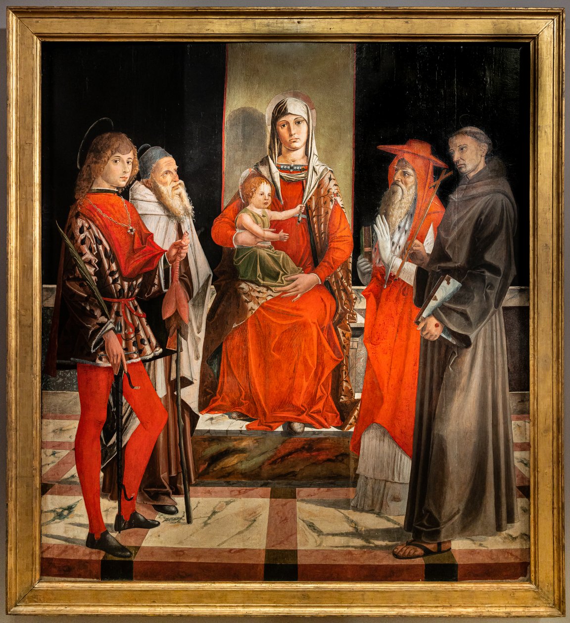 Tronet Madonna med spædbarnet Jesus blandt de hellige Ansanus, Anthony den Store, Hieronymus og Frans af Bartolomeo Montagna