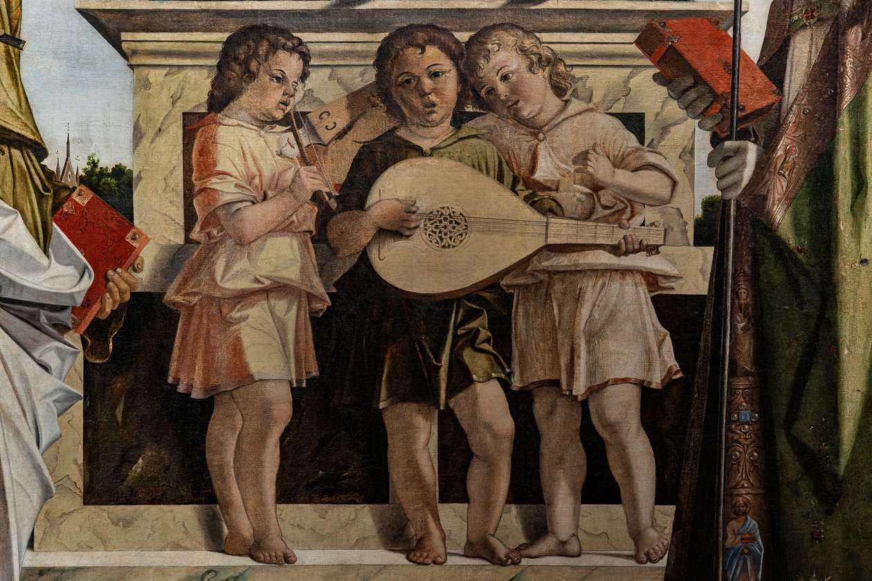 Madonna på tronen med spædbarnet Jesus blandt de hellige, detaljer af Bartolomeo Montagna