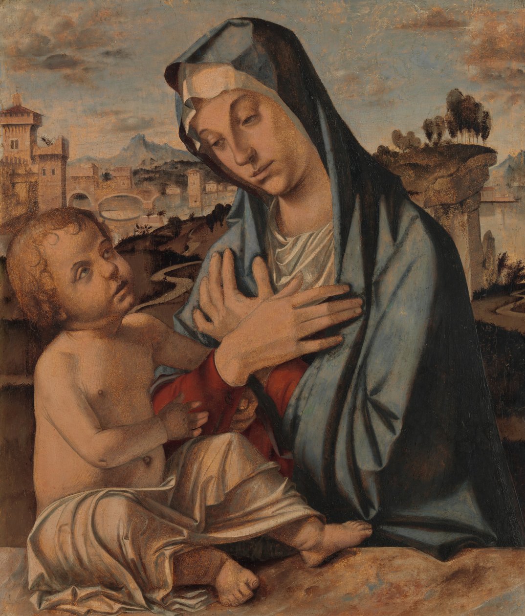 Madonna tilbeder barnet. af Bartolomeo Montagna