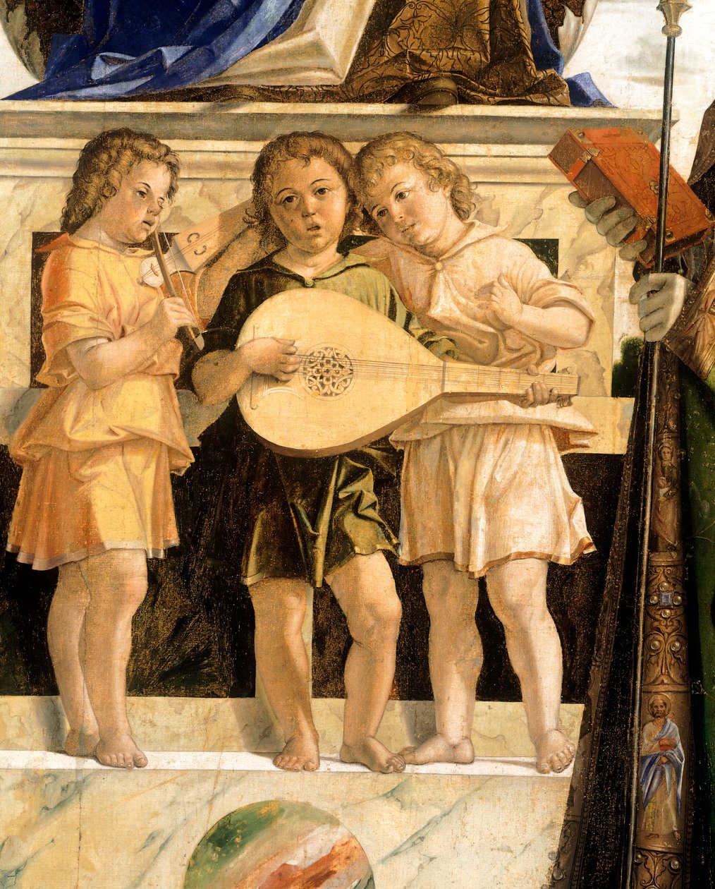 Madonna og barn på tronen med de hellige Johannes Døberen, Bartolomew og Sebastian, af Bartolomeo Cincani kendt som Il Montagna (1450-1523). Detalje. af Bartolomeo Montagna