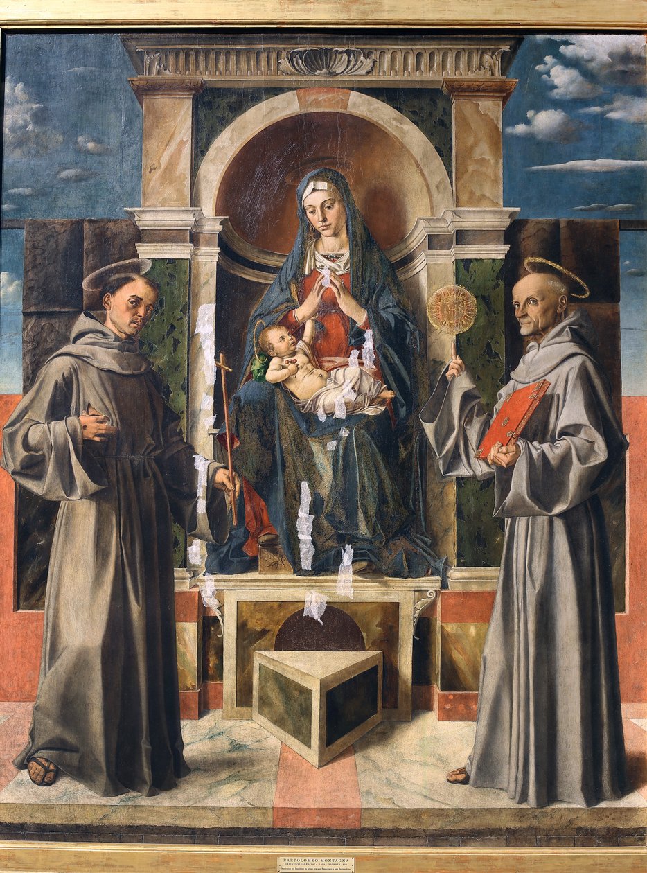 Madonna og barn troner mellem Saint Francis og Saint Bernardino af Siena, ca. 1490 af Bartolomeo Montagna