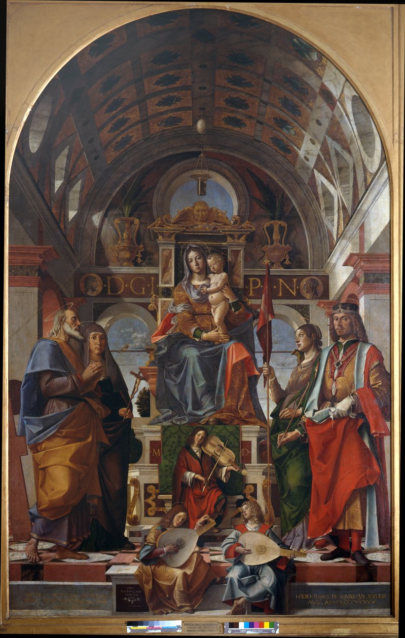 Madonna og barn med Saint Andrew, Monica, Ursula og Sigismund af Bartolomeo Montagna