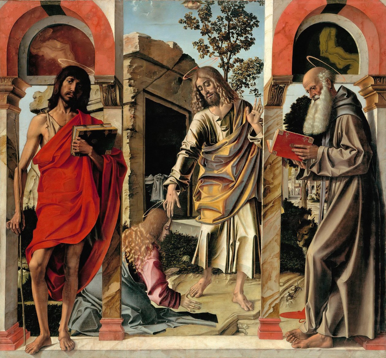 Opstandne Kristus med Maria Magdalena og de hellige Johannes Døberen og Hieronymus, ca. 1492 af Bartolomeo Montagna