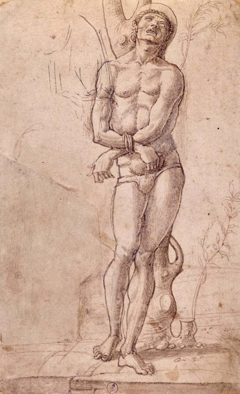 Sankt Sebastian, ca 1475, tegning af Bartolomeo Montagna (ca 1450-1523), pen og brunt blæk, med brun vask, cm 20x15, Italien af Bartolomeo Montagna