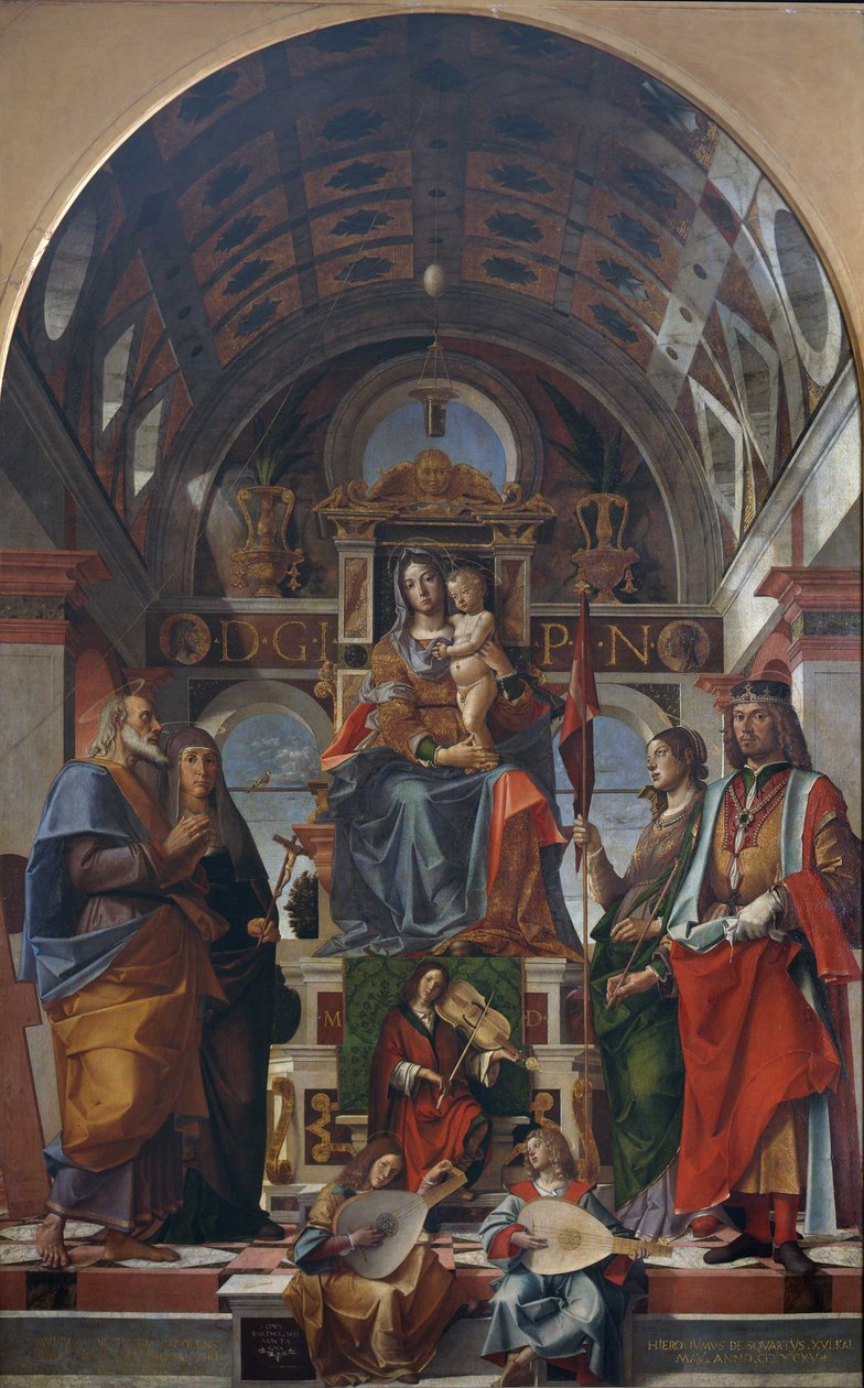 Jomfruen og barnet troner med helgener og engle, der laver musik, 1499. af Bartolomeo Montagna