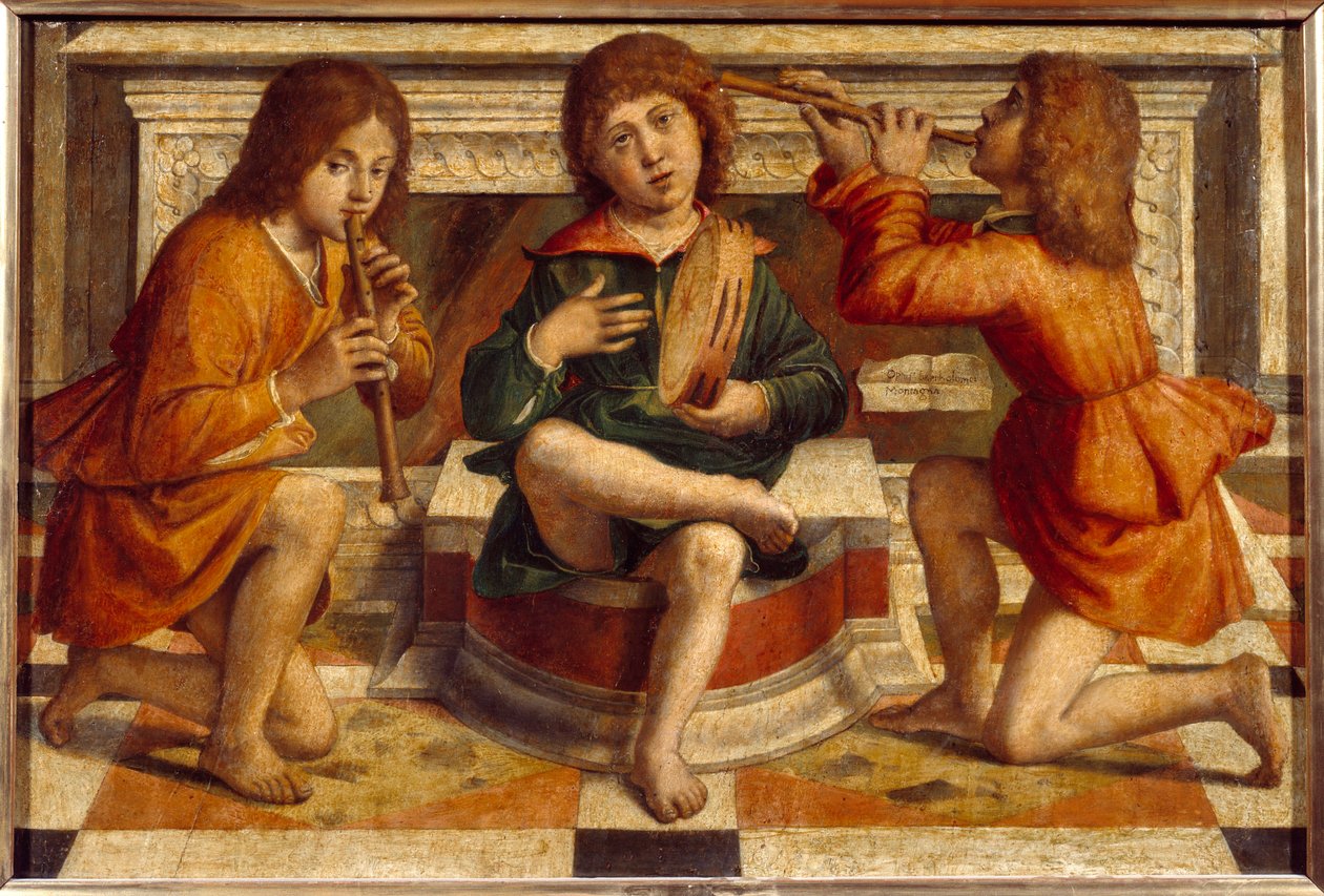 Tre engle musikere maleri af Bartolomeo Montagna (1450-1523) 1500-tallet søn. 0,47x0,7m Lyon, Musee des Beaux Arts af Bartolomeo Montagna