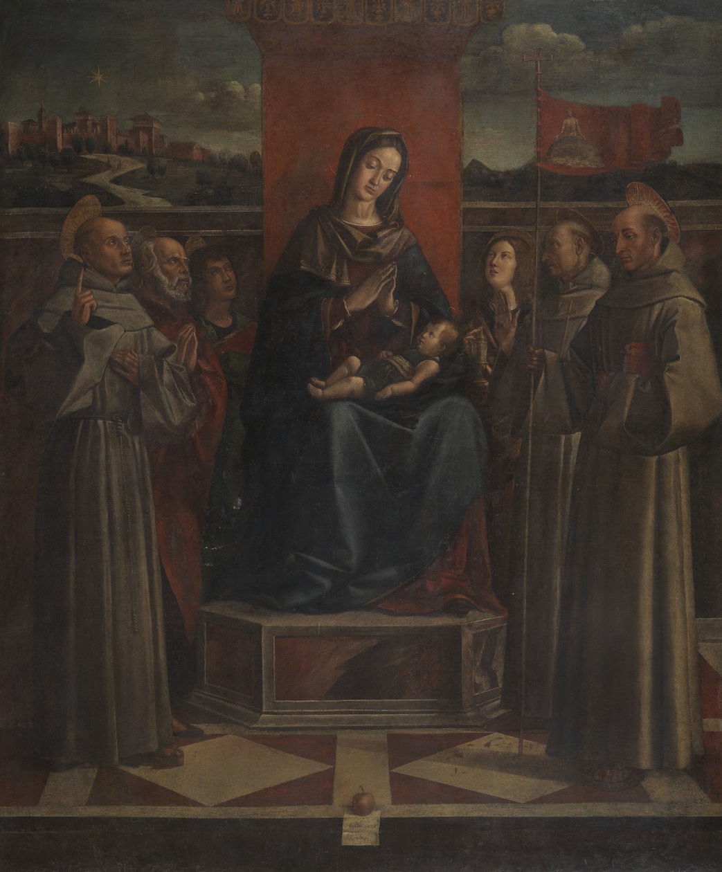 Jomfru og barn på tronen med seks hellige, ca. 1500 af Bartolomeo Montagna