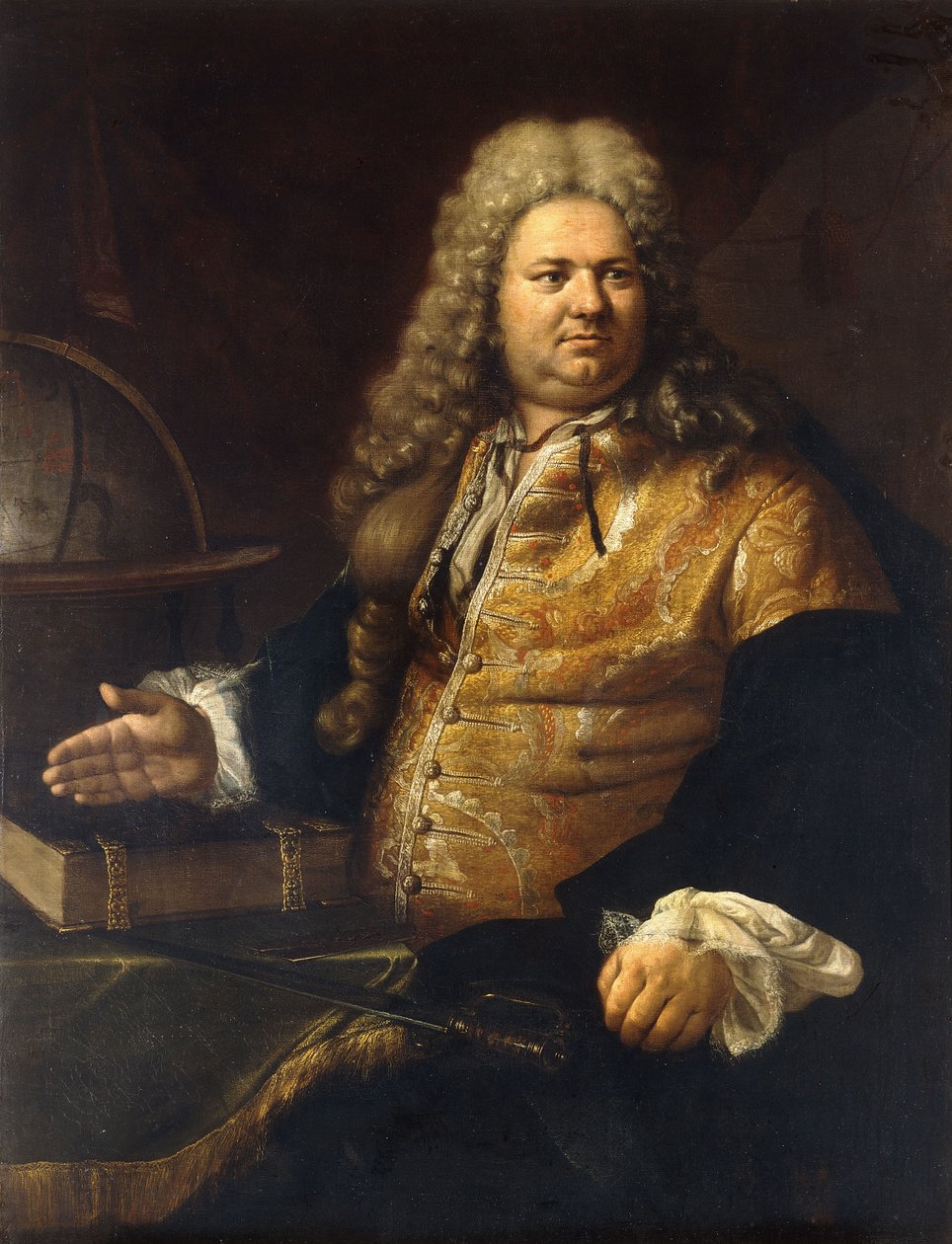 Portræt af en gentleman, der siges at være skuespilleren James Quin, i titelrollen i Addisons Cato, siddende i trekvart længde, i en brokadefrakke og grøn kappe ved et bord med et Wword, en bog og en globus af Bartolomeo Nazzari