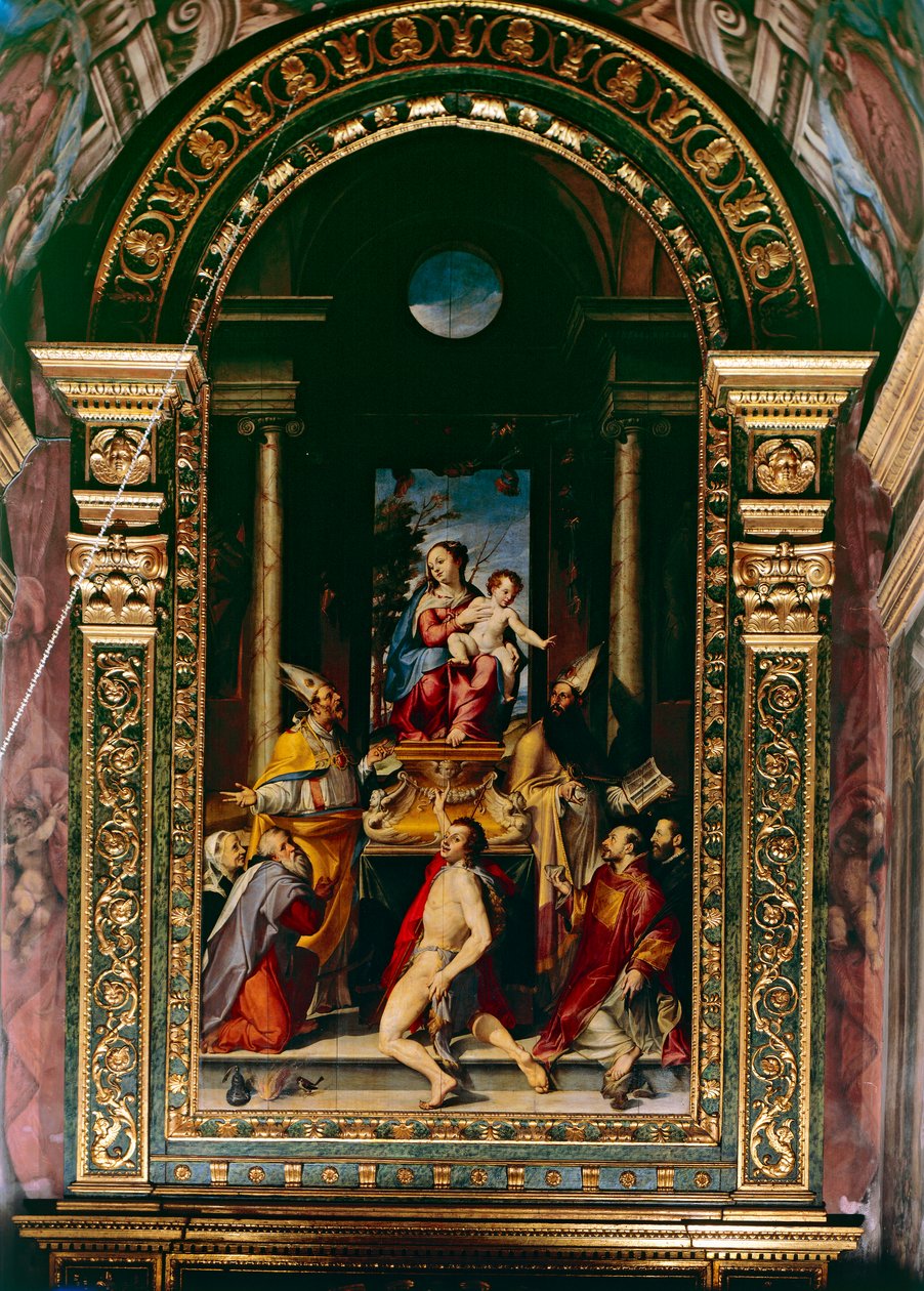 Madonna og barn troner med Saint Anthony (olie på panel) af Bartolomeo Passarotti