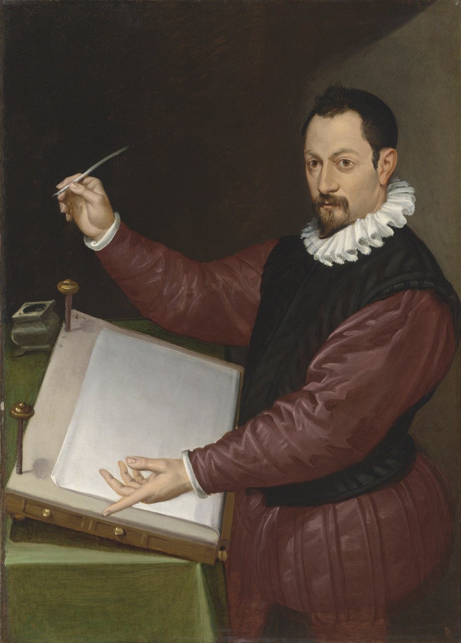 Portræt af en skriver i en rød dublet og hvid ryg (olie på lærred) af Bartolomeo Passarotti