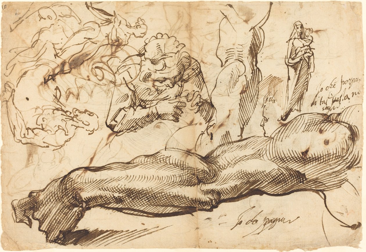 Studier af en venstre arm, en ung kvinde, en madonna og et barn, et ansigt i profil og nøgne figurer af Bartolomeo Passarotti