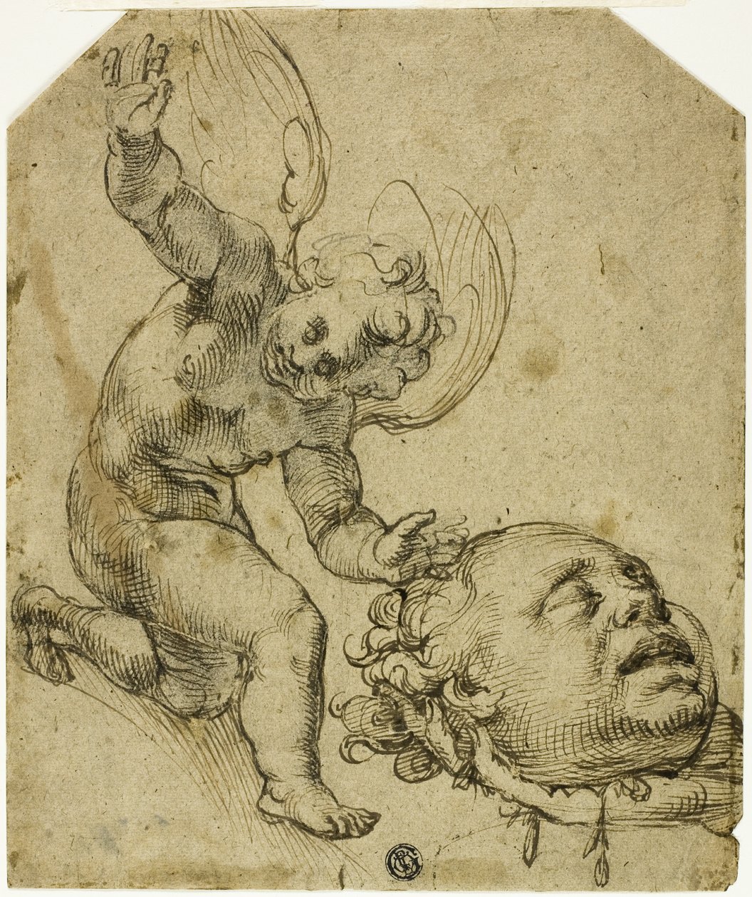 To skitser: Knælende putto, der holder et hoved (recto) Detaljer af et nøgent mandligt barn (verso) af Bartolomeo Passarotti