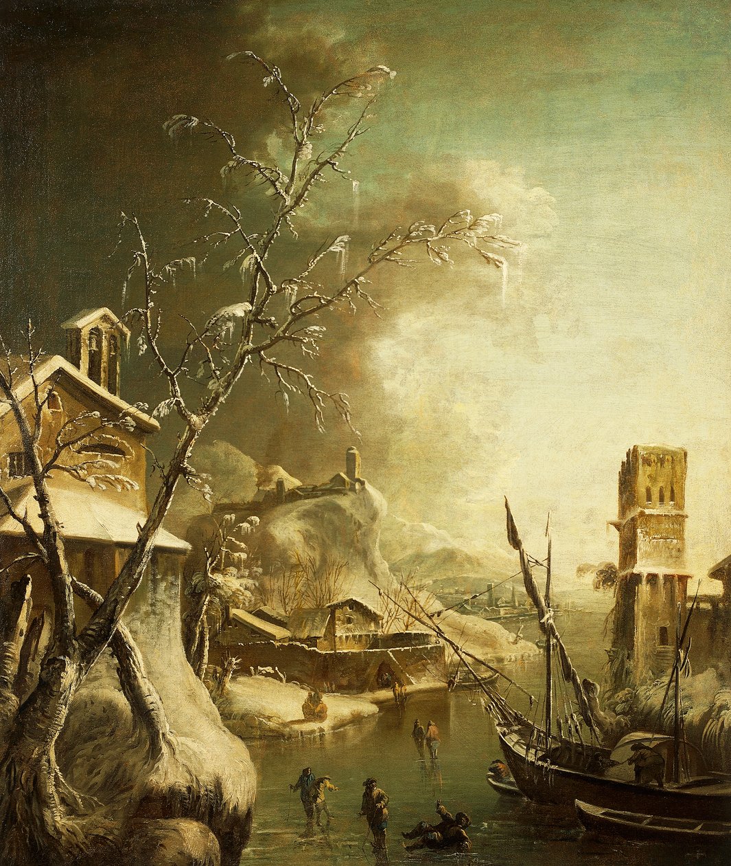 Vinterlandskab, af Bartolomeo Pedone (1665-1733), maleri. af Bartolomeo Pedone