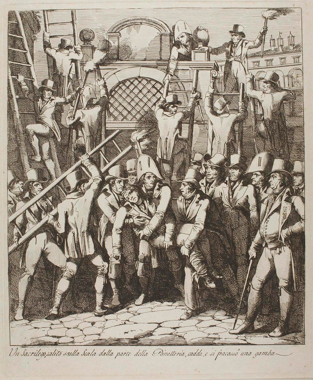 En gudsbespotter brækker benet, mens han klatrer over murene til Vatikanet, 6. juli 1809 af Bartolomeo Pinelli