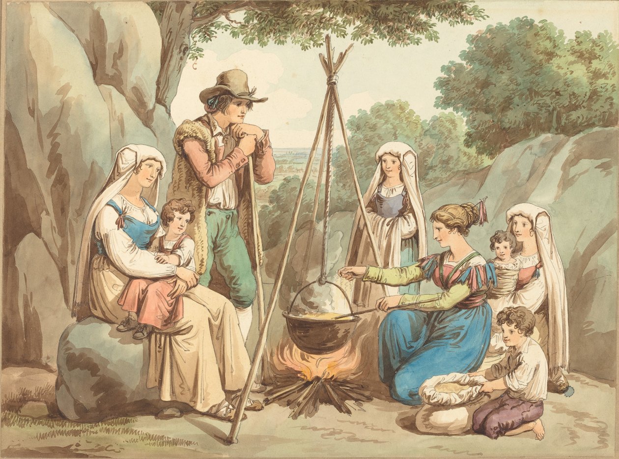 En bondefamilie laver mad over et lejrbål af Bartolomeo Pinelli