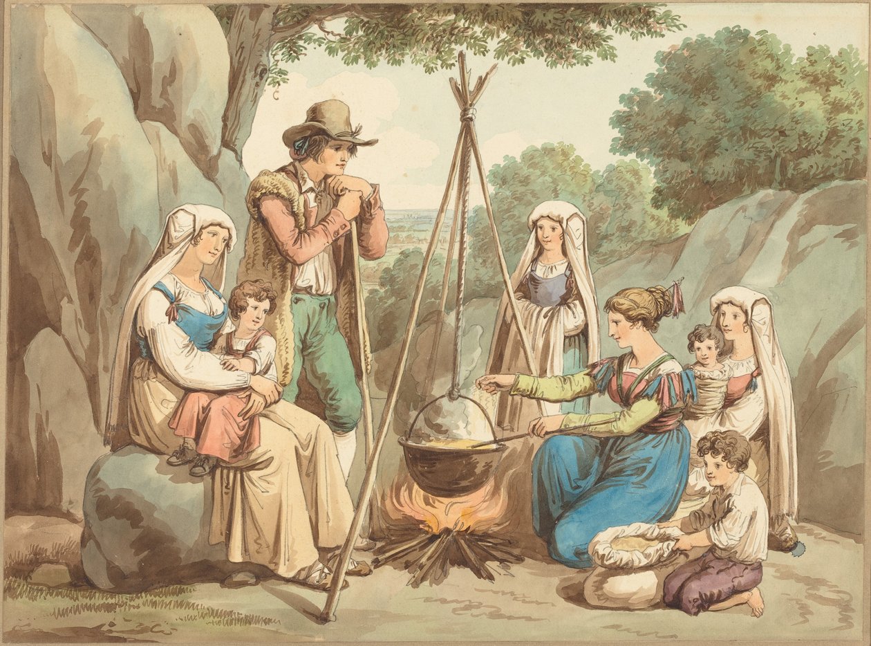 En bondefamilie, der laver mad over et bål af Bartolomeo Pinelli