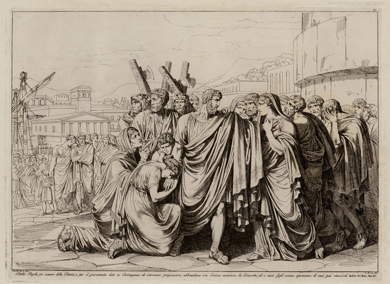 Atilius Regulus forbereder sig på at forlade Rom for at vende tilbage til fangenskabet i Karthago (radering) af Bartolomeo Pinelli