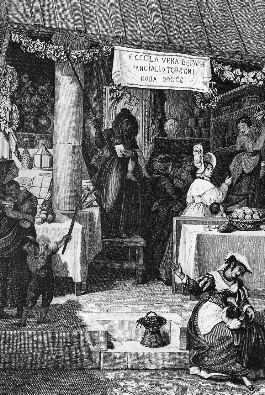 Befana (italiensk juleheks), bod med slik og nougat på Piazza Navona under helligtrekonger, Rom, gravering af Bartolomeo Pinelli af Bartolomeo Pinelli
