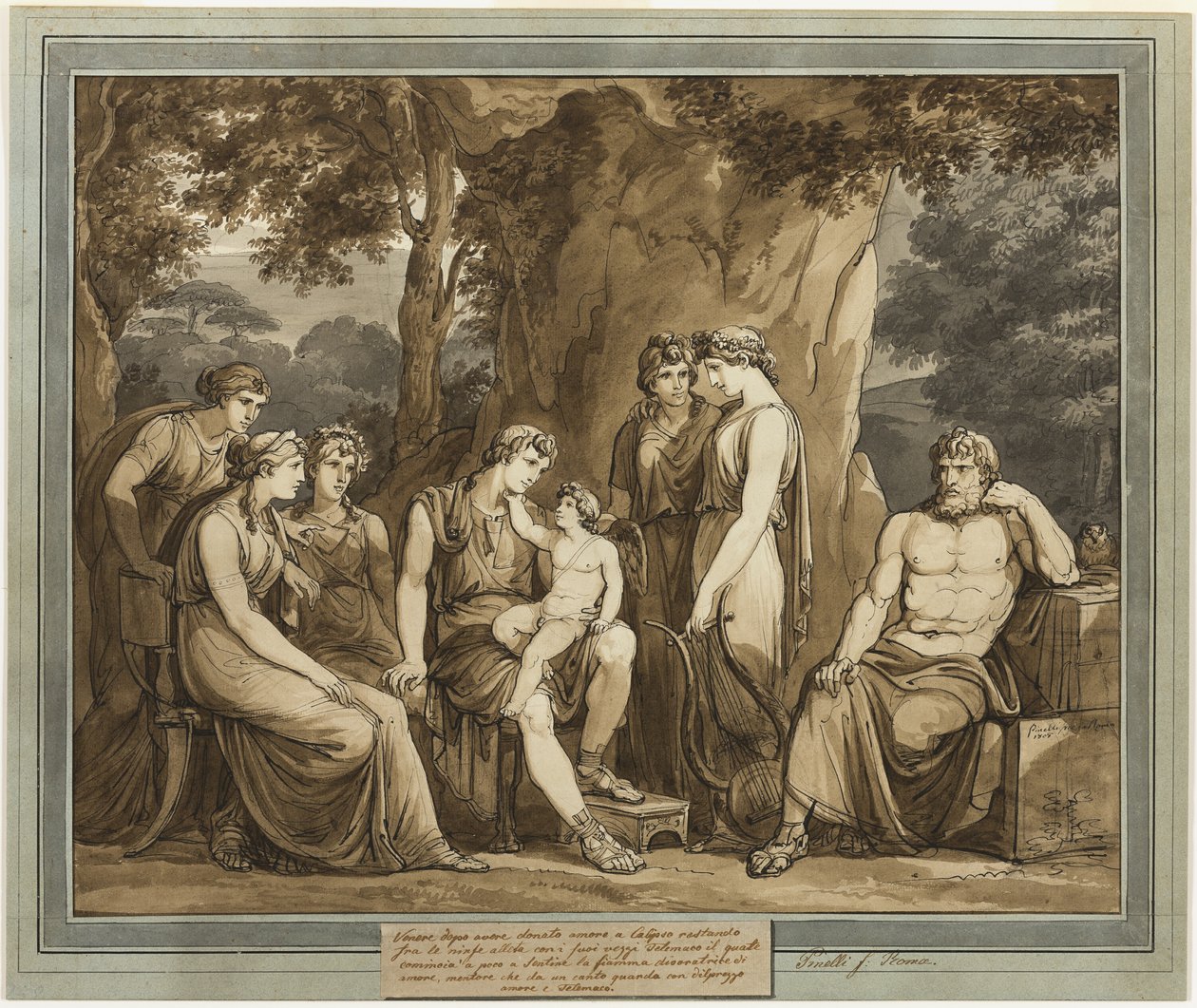 Calypso ser Telemachos med Amor på knæet, mens mentor ser i vrede, fra Telemachos eventyr, bog 7 af Bartolomeo Pinelli