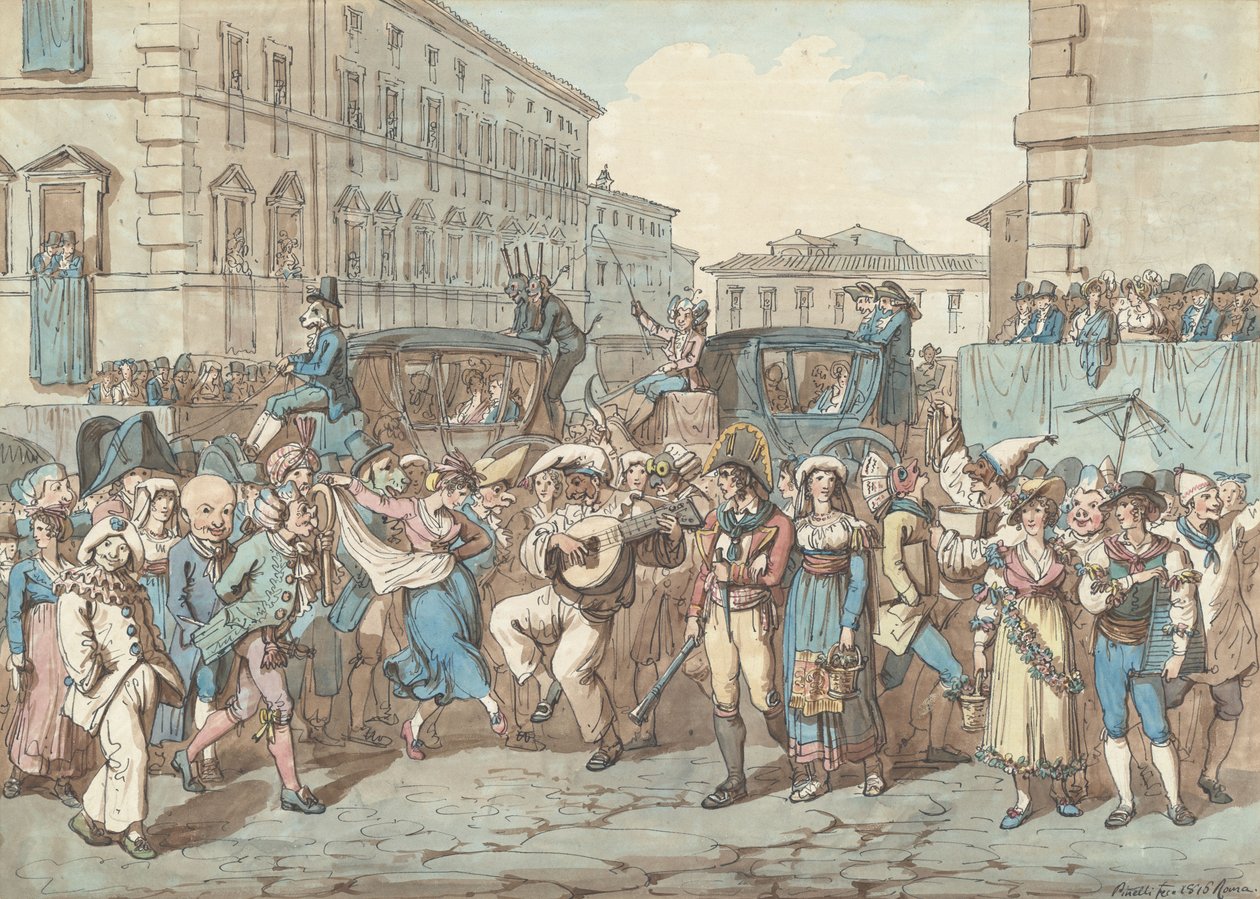 Karneval i Rom, illustration til Romerske dragter og skikke af Bartolomeo Pinelli