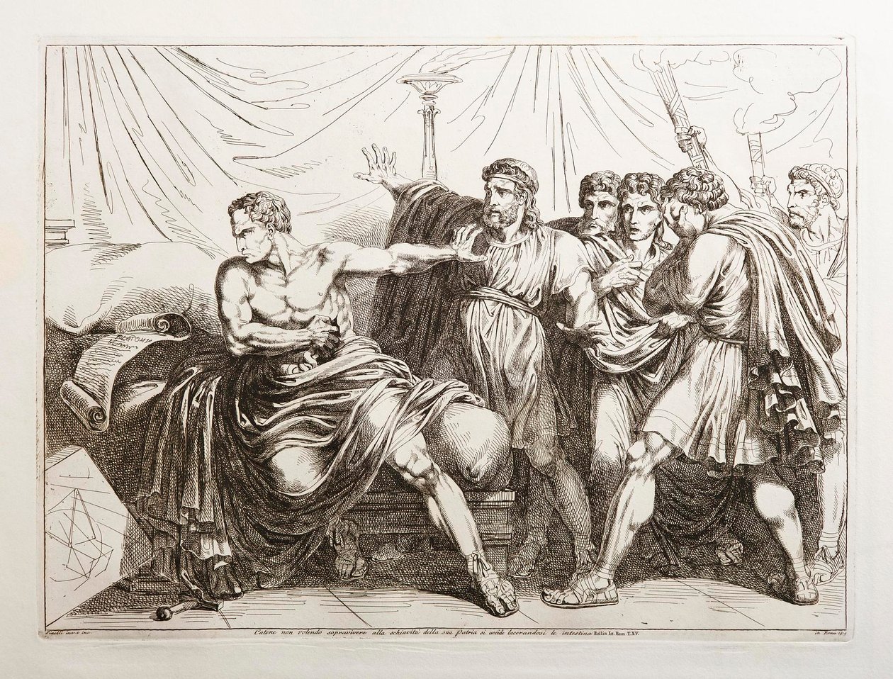 Cato, der ikke ønskede at overleve som slave i sit hjemland, begik selvmord ved at rive sine indvolde ud af Bartolomeo Pinelli
