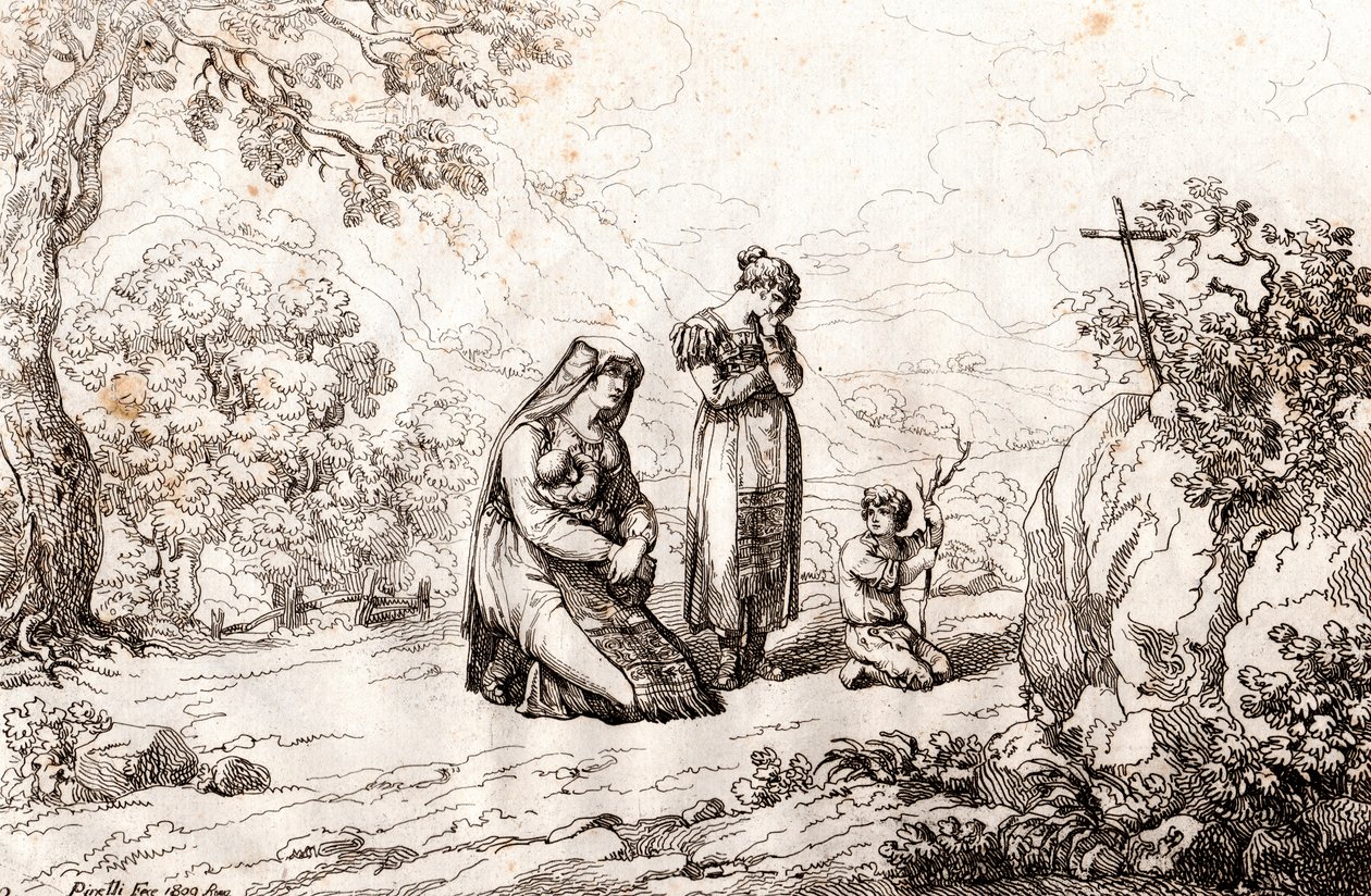 Ciociara kvinde, der beder foran korset, hvor hendes mand blev dræbt, ætsning af Bartolomeo Pinelli (Rom af Bartolomeo Pinelli