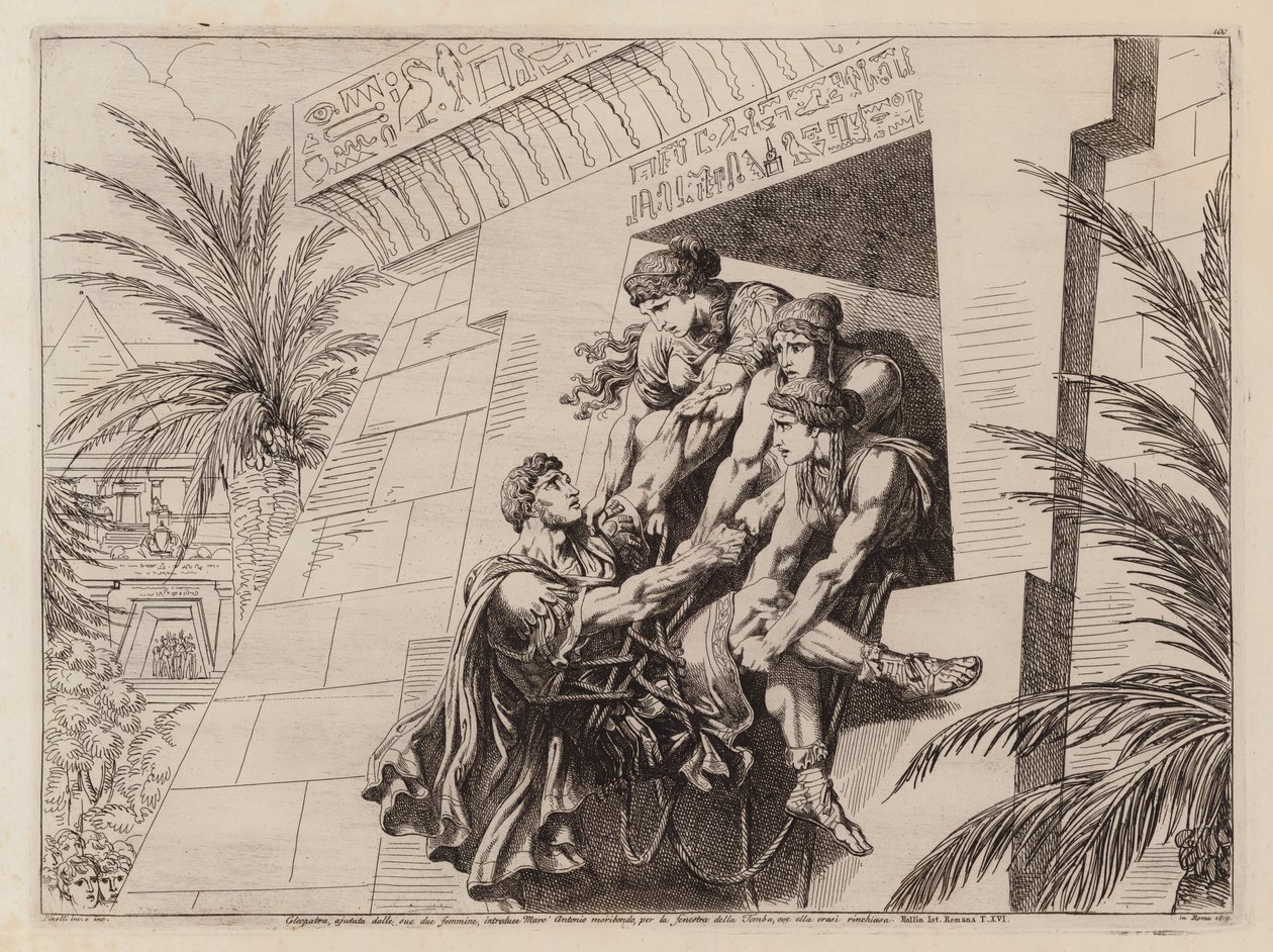 Kleopatra og hendes ledsagere løfter den døende Marcus Antonius ned i deres grav (radering) af Bartolomeo Pinelli
