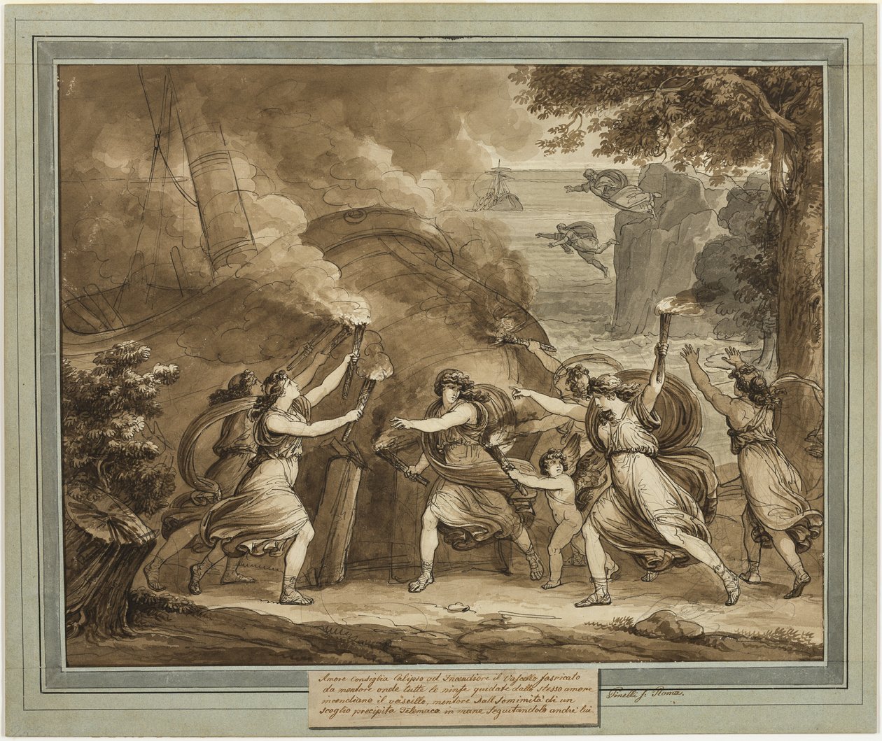 Amor råder Calypso til at sætte ild til mentors skib, fra The Adventures of Telemachus, bog 7 af Bartolomeo Pinelli