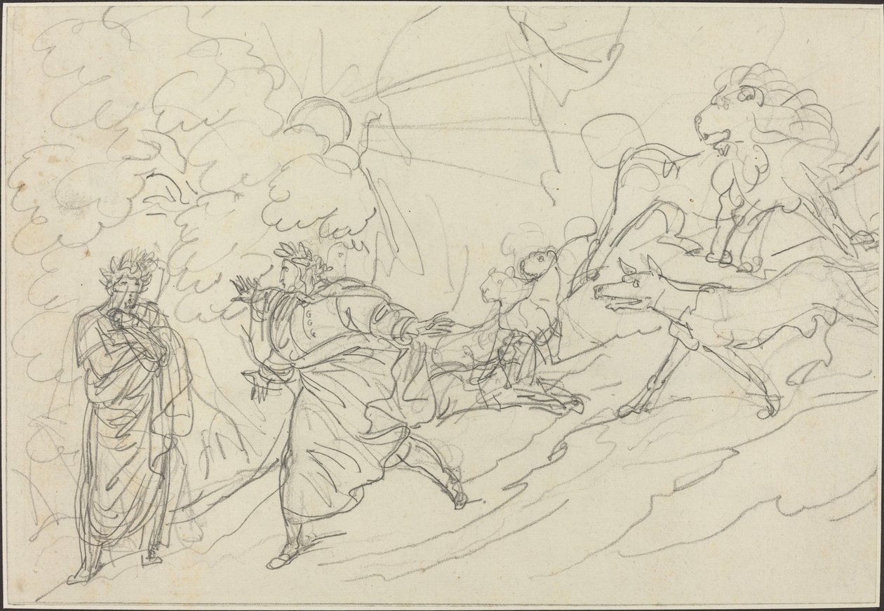 Dante flygter fra de vilde dyr og møder Virgil af Bartolomeo Pinelli
