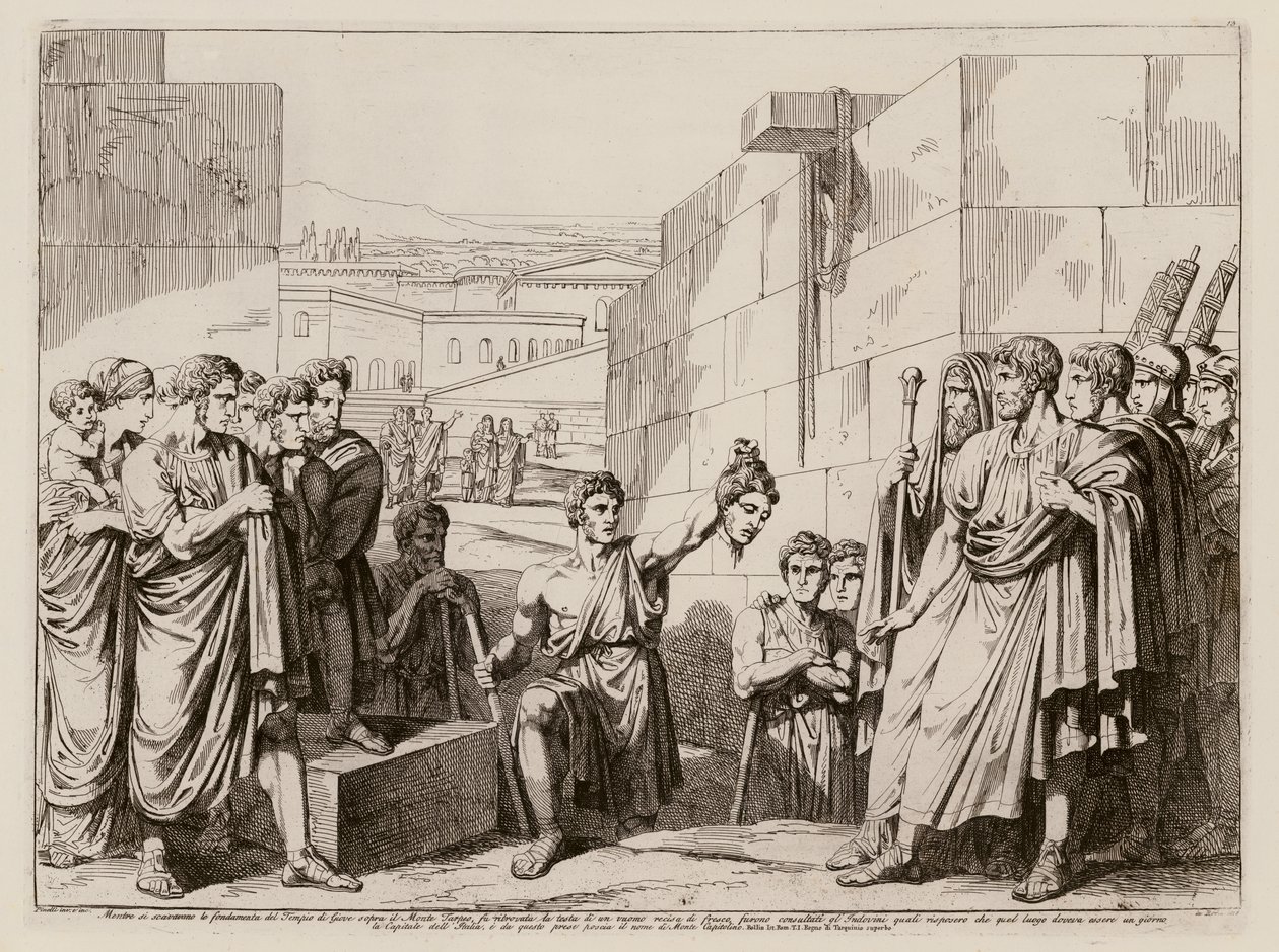 Fund af et afhugget mandshoved under udgravningen af fundamentet til Jupiter-templet i Rom (radering) af Bartolomeo Pinelli