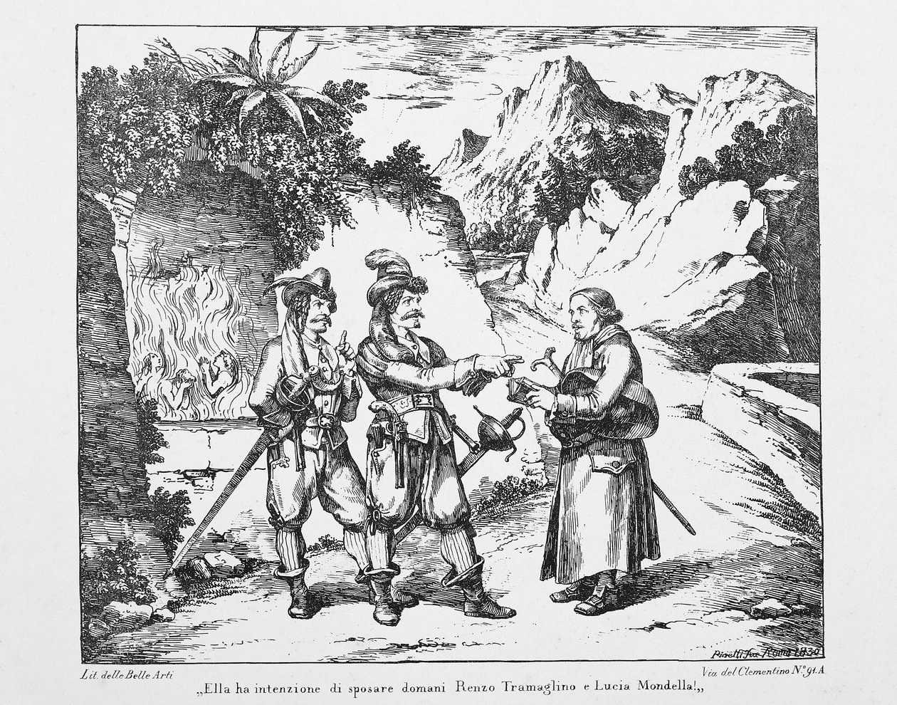 Don Abbondio støder på to Bravi, litografi af Bartolomeo Pinelli (1781-1835) for The Troloved af Alessandro Manzoni (1785-1873), Italien, 1800-tallet af Bartolomeo Pinelli