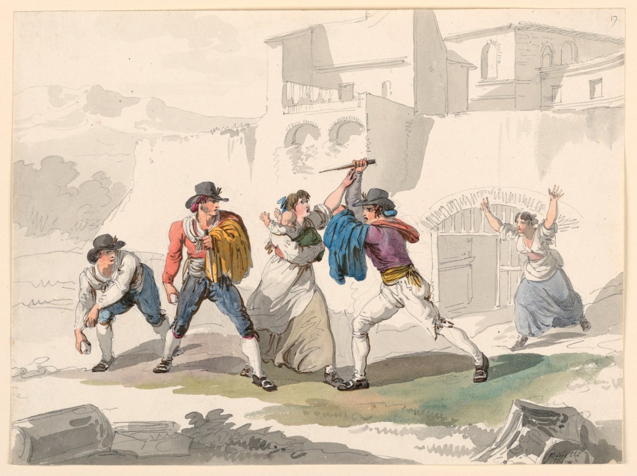 Tegning, Et husspektakel i Tivoli, 1807-08 af Bartolomeo Pinelli