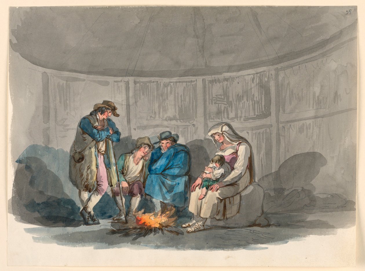 Tegning, En familie af hyrder om natten, 1807-08 af Bartolomeo Pinelli