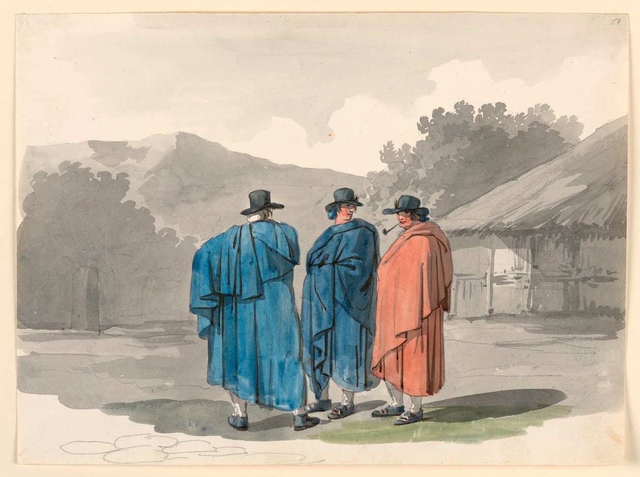 Tegning, En gruppe af tre bønder i en landsby, 1807-08 af Bartolomeo Pinelli