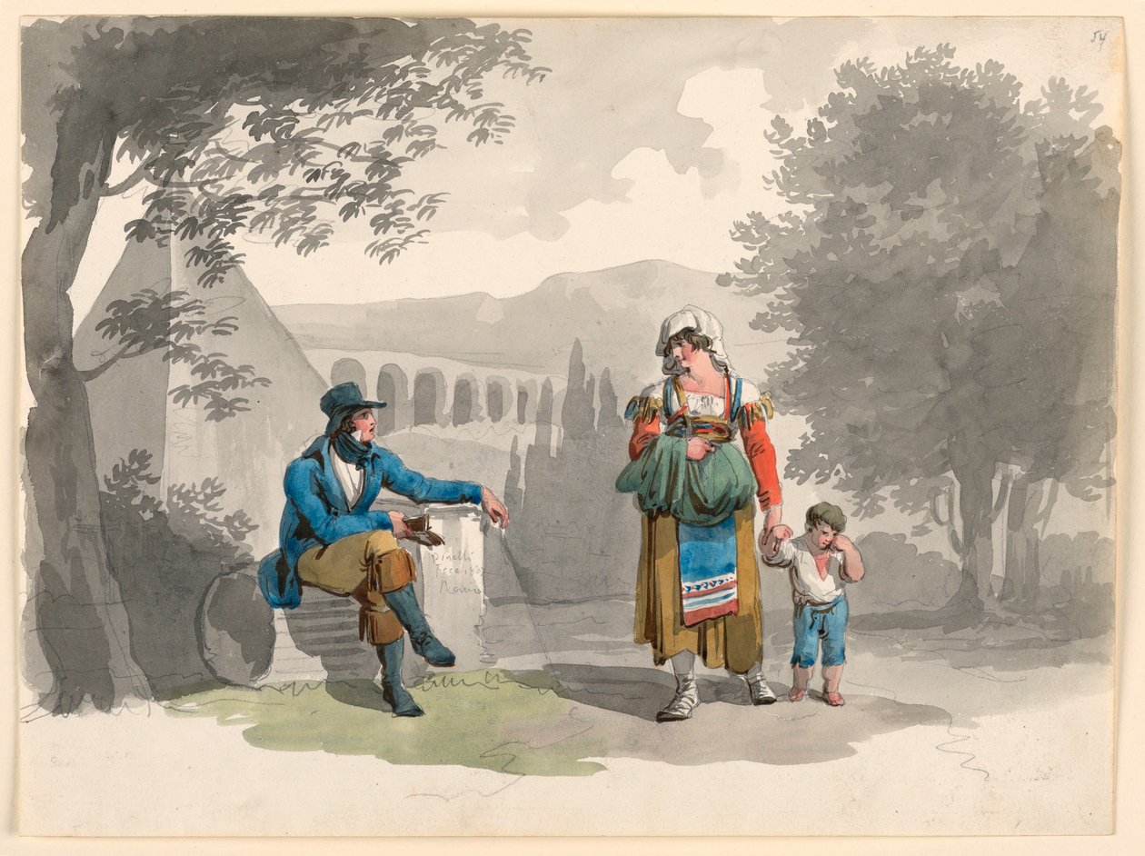 Tegning, En kvinde, der holder en dreng i hånden, passerer en herre, der sidder blandt ruiner i Campagna, 1807 af Bartolomeo Pinelli