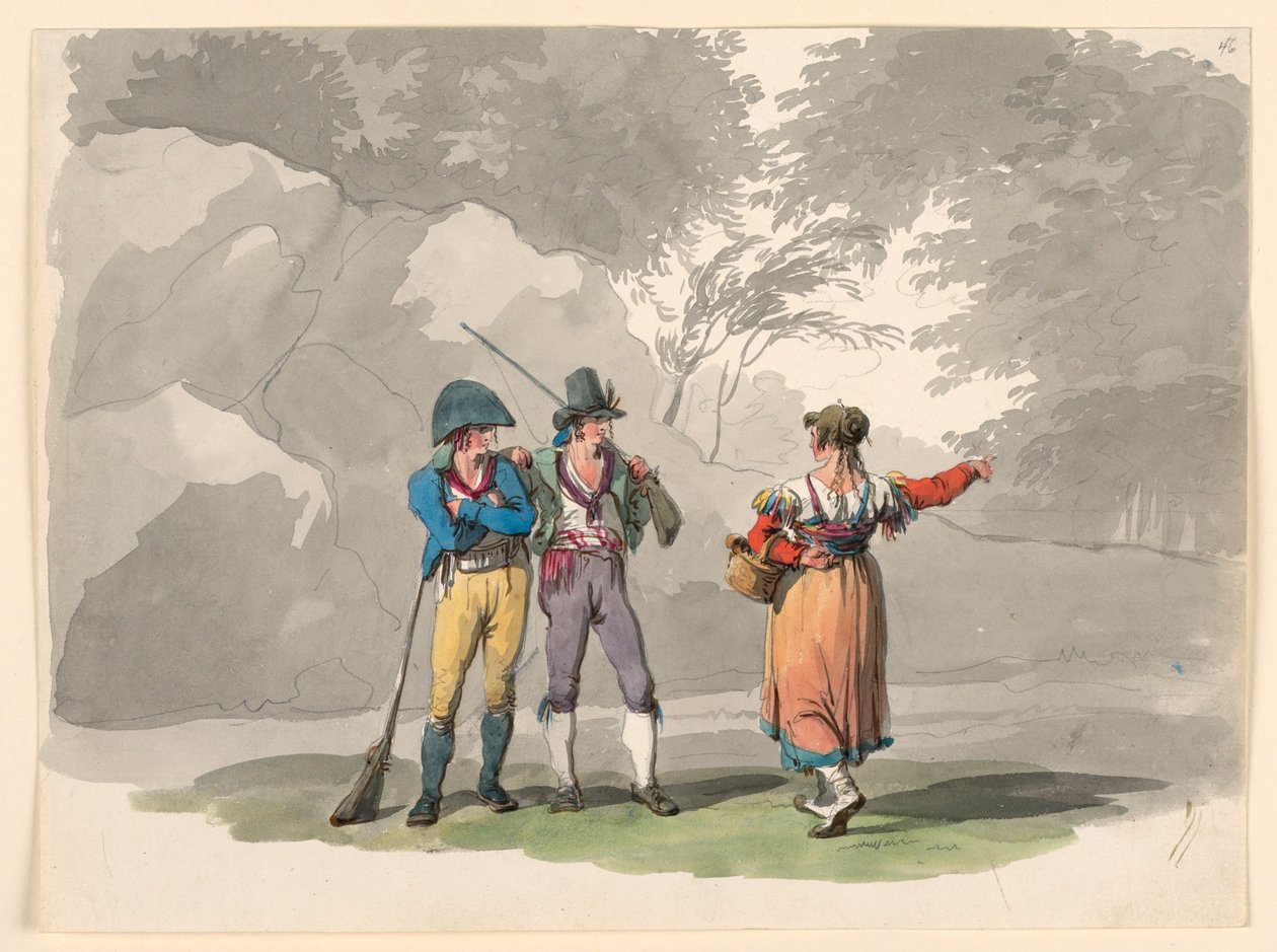 Tegning, En kvinde og to mænd med geværer. Kostumer fra kongeriget Napoli, 1807-08 af Bartolomeo Pinelli