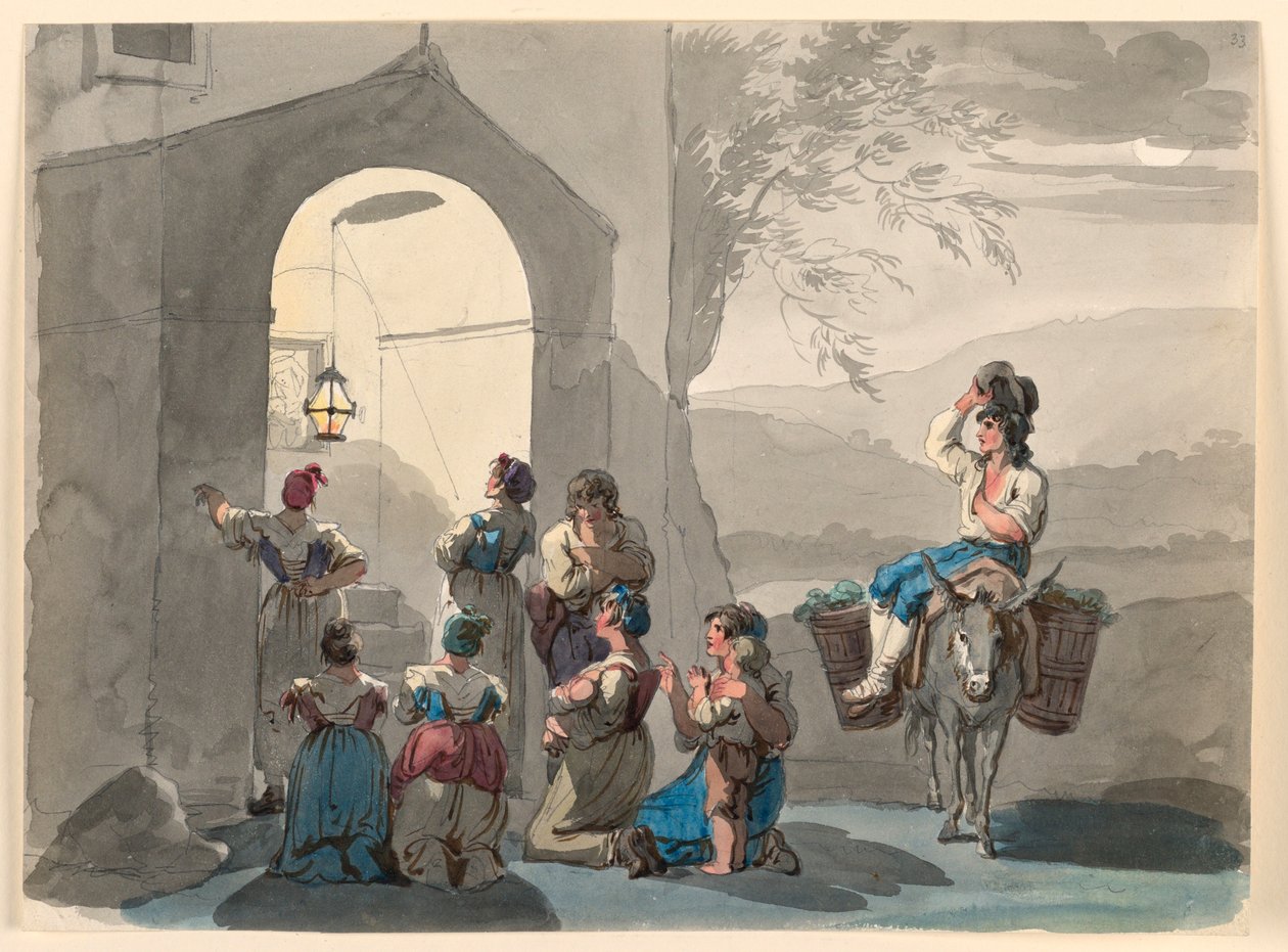 Tegning, Ave Maria i Tivoli, 1807-08 af Bartolomeo Pinelli