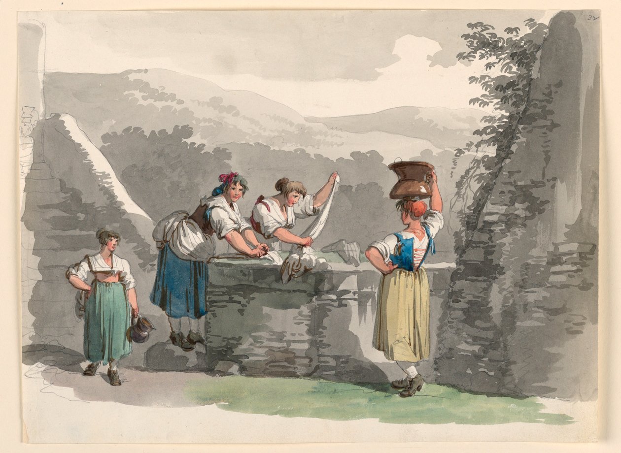 Tegning, Vaskeri i bjergene nær Rom, 1807-08 af Bartolomeo Pinelli